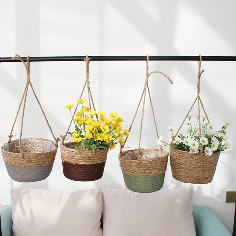 Flower Pot Garden Hanging Planter Flowerpot Rattan Woven Hanging Basket Flower Pot Handmade Straw Woven Plant Hangers Home Decor