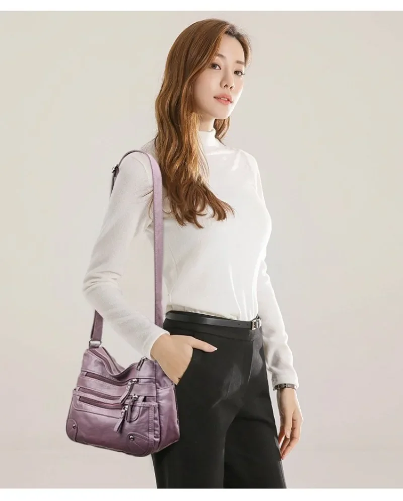 Soft Leather Shoulder Bag - Women's Crossbody Double Layered Large Capacity Tote