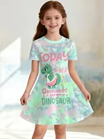 Robe de princesse pour filles avec imprimé dinosaure mignon, robe décontractée d'été pour filles, tenue graphique de dessin animé, cadeaux d'anniversaire, vêtements pour enfants 4