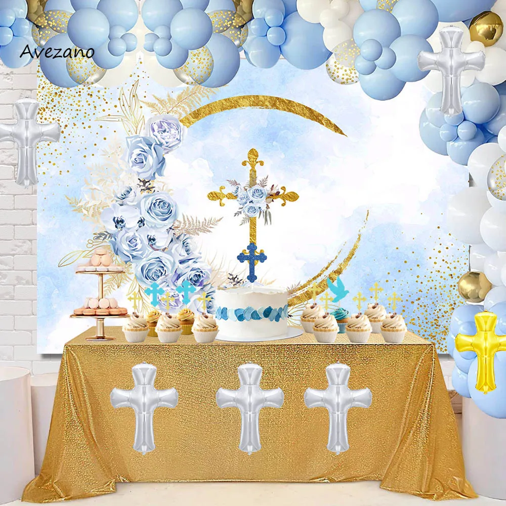 Avezano First Holy Communion Backgrounds for Photography Boy Baptism Blue  Flowers Golden Cross Party Decor Backdrop Photo Studio - AliExpress