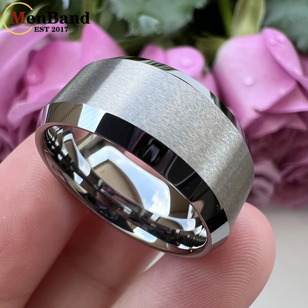 MenBand Large Men 10mm Gold Color Tungsten Carbide Wedding Band Rings Beveled Edges Matted Finish Comfort Fit Size 7-15
