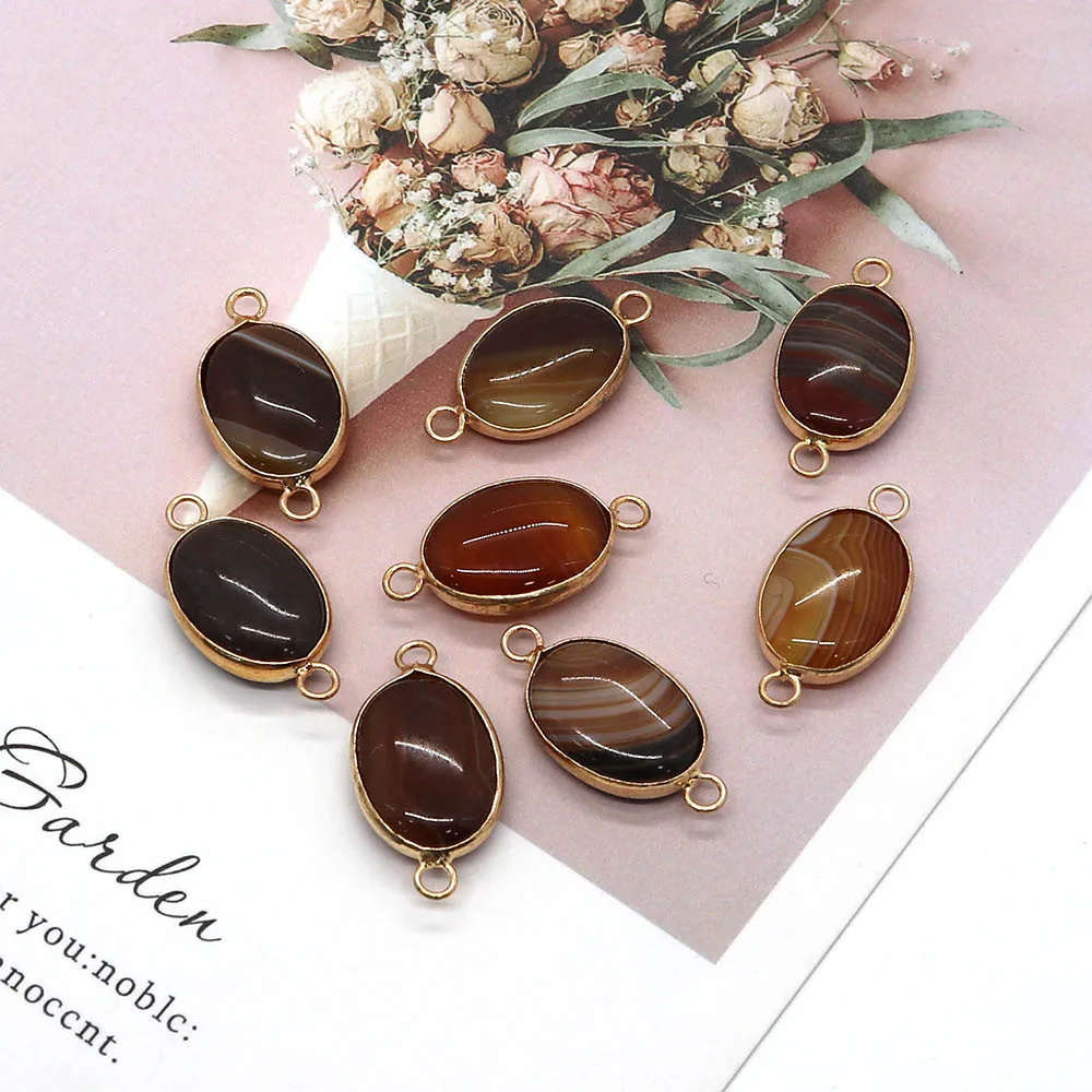 

5pcs Natural Agate Semi Precious Stone Connector Oval Egg Shaped Metal Necklace Double Hole Pendant for Earring Bracelet Jewelry