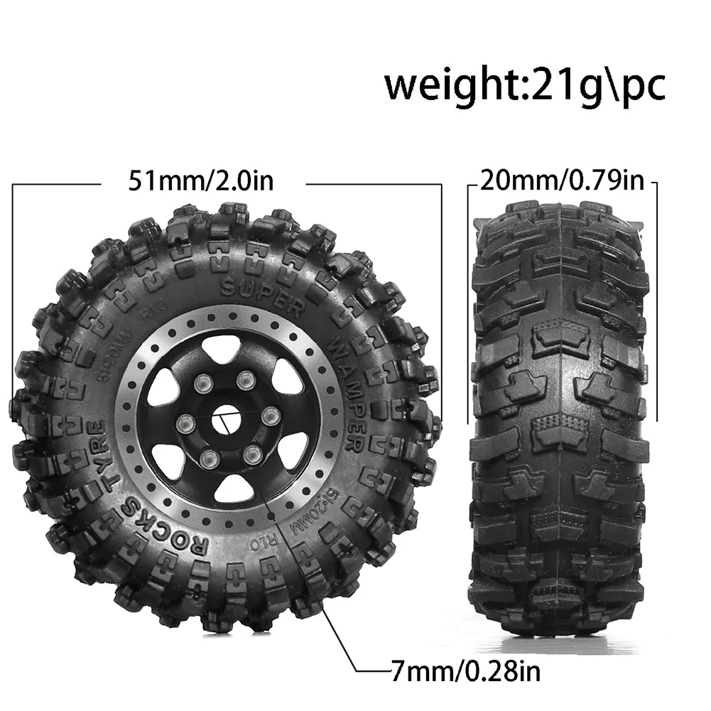 4pcs 51mm 1.0인치 금속 비드락 휠 타이어 세트 1/18 1/24 RC 크롤러 자동차 TRX4M SCX24 AX24 FCX24 업그레이드 부품 실버-ABVK