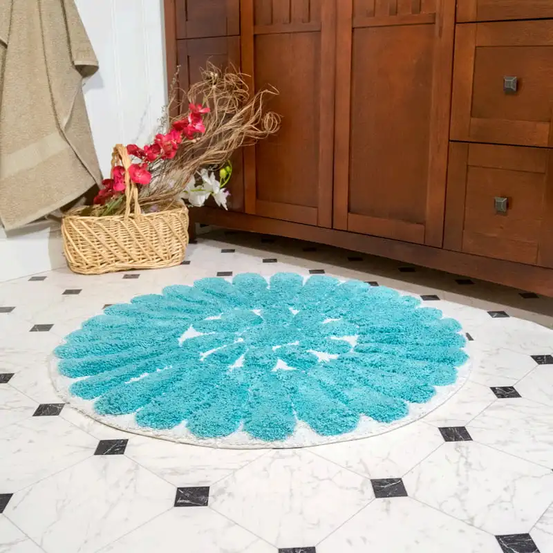 

Bursting Flower 2pieces White & Aqua Round Washable Bath Rug Set (24 Home Carpet Rug Long rug Carpet tiles Mat Prayer mats musli