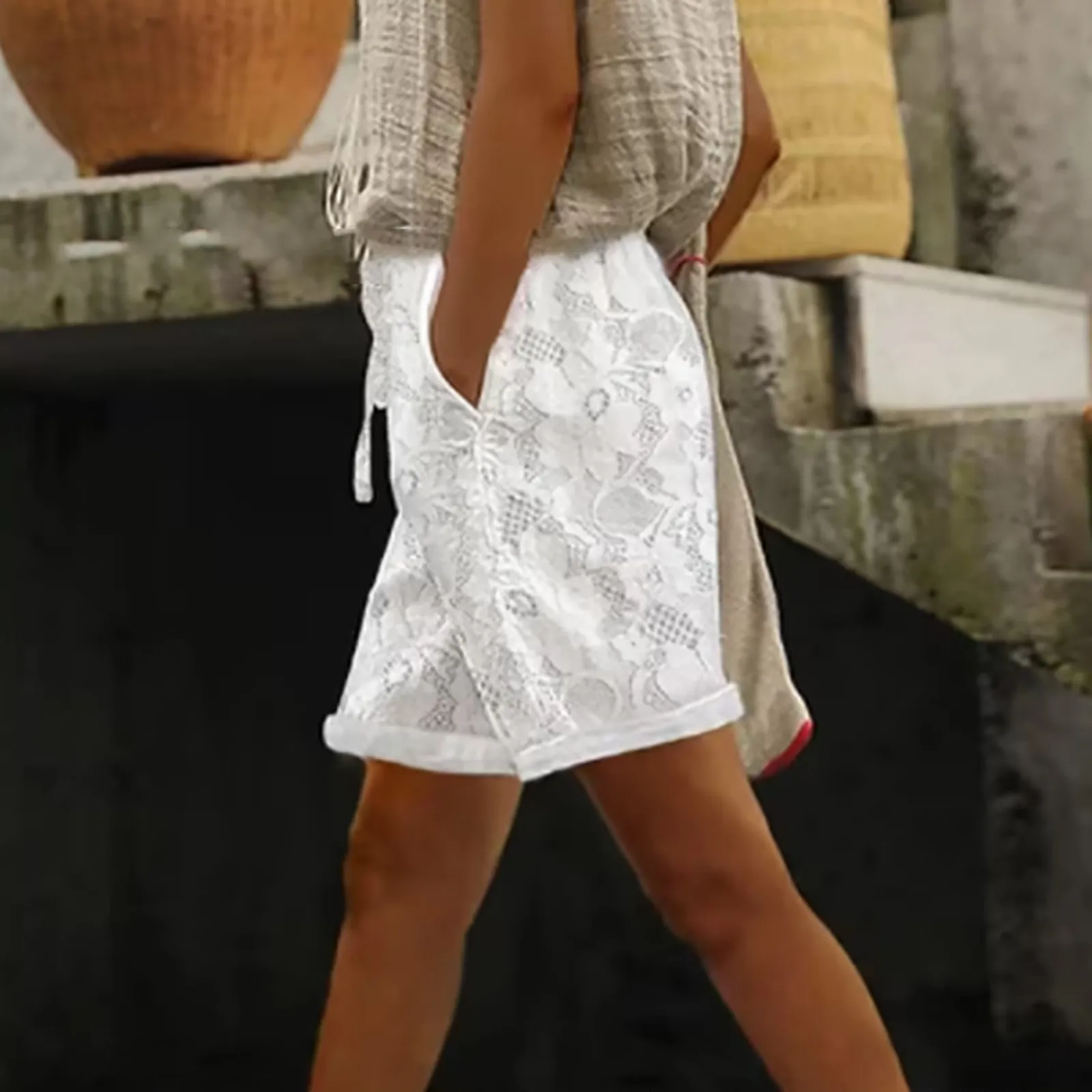 

Womens Casual Lace Shorts Summer High Waisted Solid Drawstring Patchwork White Shorts With Pockets Lady Teens Pants Streetwear
