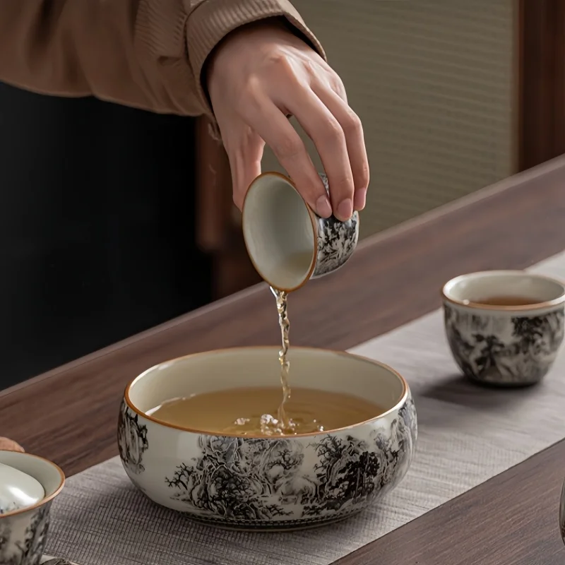 730ML Landscape Ru Kiln Tea Basin Small Cup Wash Washed Tea Residue Barrel Utensils Wash Mug Kung Fu Set Accessories