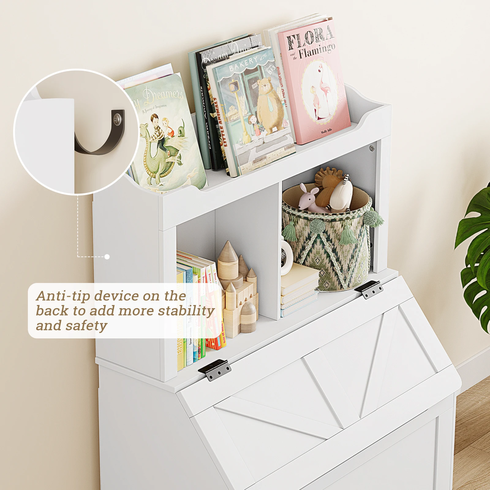 Kinder-Bücherregal aus Holz, Kinder-Bücherregal und Spielzeugaufbewahrung mit Klappdeckel und Tasche, Aufbewahrungsschrank aus Holz für Spielzimmer, Schlafzimmer – Detail 12