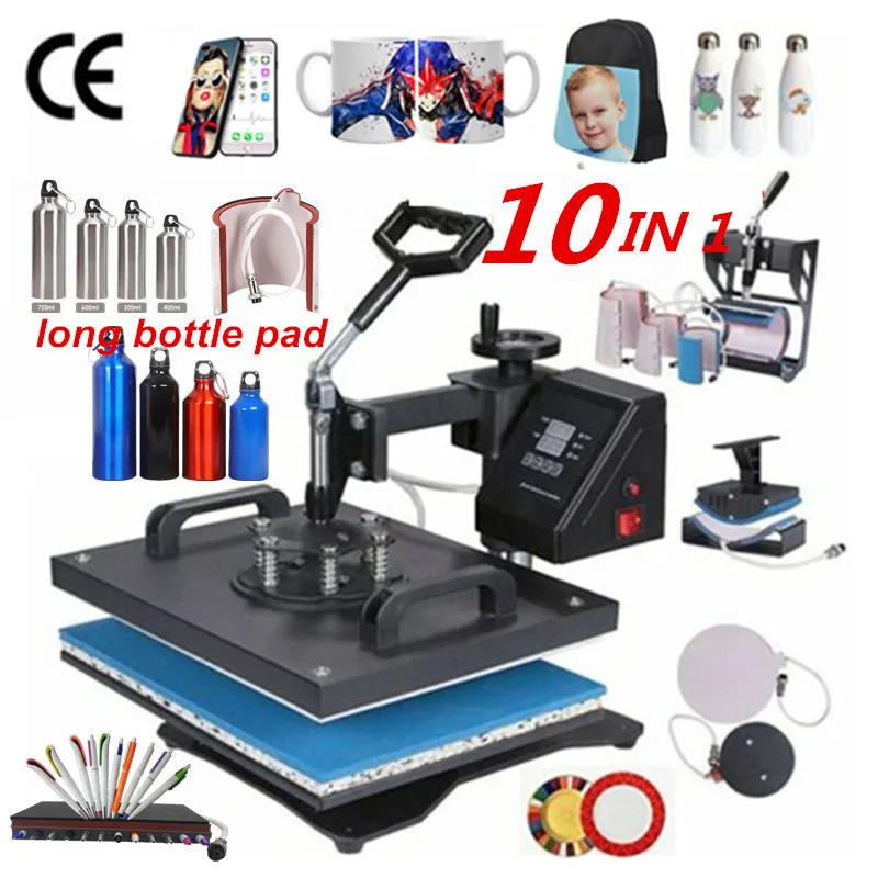 

New 10 In 1 Combo Sublimation Heat Press Machine T Shirt Heat Transfer Printer For Plate/Mug/Pen/Cap/Phone Case/Bottle