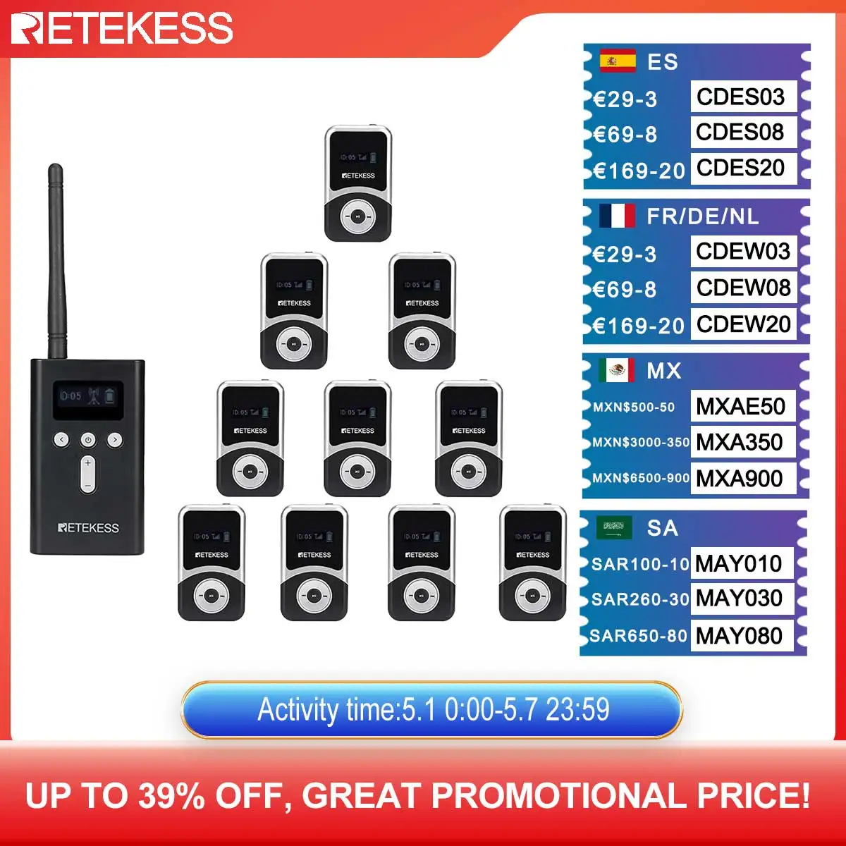 

Retekess T130S Wireless Tour Guide Kit Church Translation System Long Transmitter Distance For Excursion Training Museum Factory