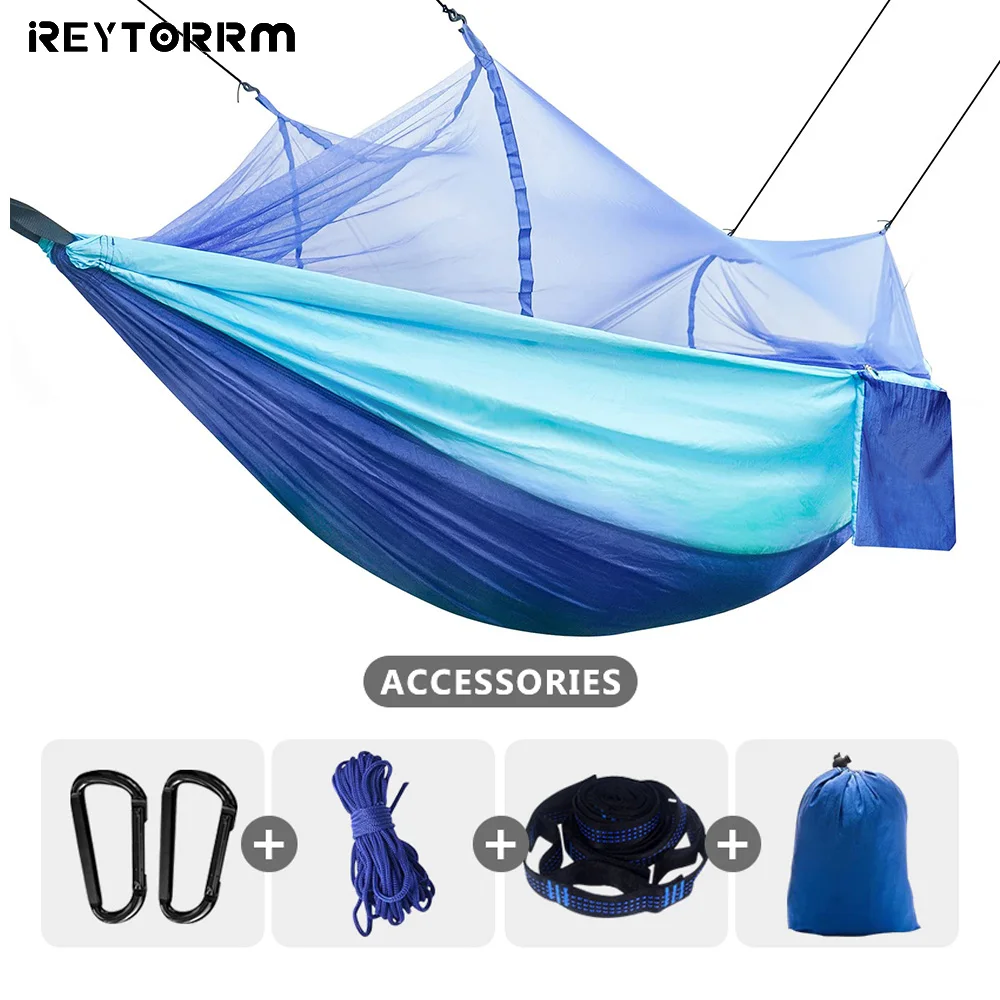 

Single Double Camping Hammock with Mosquito Net Bug Net Included Tree Straps and Carabiners Lightweight Parachute Nylon Hammock