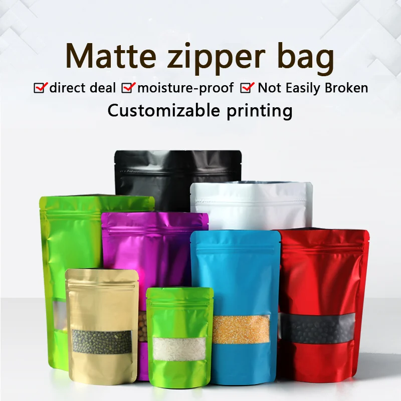 Self-Sealing aluminum foil bag resealable matte self-supporting food packaging bag with display window color printable food storage bag