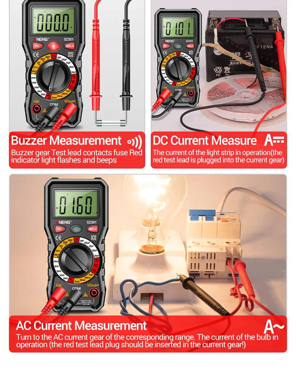 Aneng Multimètre numérique professionnel, testeur de tension AC/DC,  détecteur NCV, testeur 02/10/2018 Ohm,SZ301, SZ302 à prix pas cher