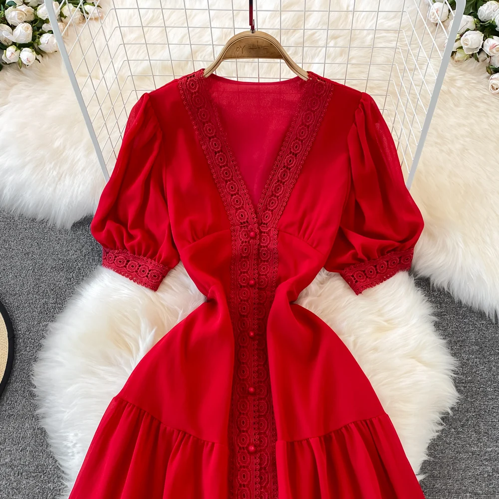 New Women Vintage Party Dress Summer Puff Sleeve Sexy V Neck Lace Single-breasted Long Dresses Ladies A Line Elegant Long Robe