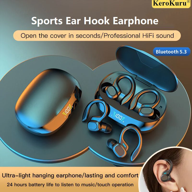 

Bluetooth Earphones TWS Sports Ear Hook HIFI Stereo Bass Bluetooth 5.3 Wireless Earbuds With Microphone Waterproof Headphones