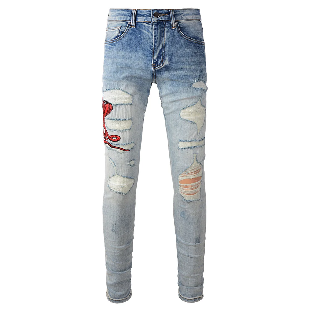 Men Red Snake Embroidery Denim Jeans Streetwear Holes Ripped