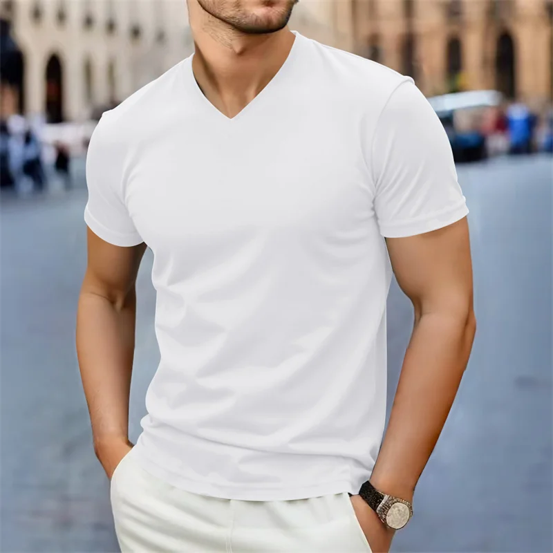 2025 Neue Herren Casual Mode Einfaches V-Ausschnitt Kurzarm-T-Shirt Sommer Bequemes Atmungsaktives Vielseitiges Oberteil – Detail 8
