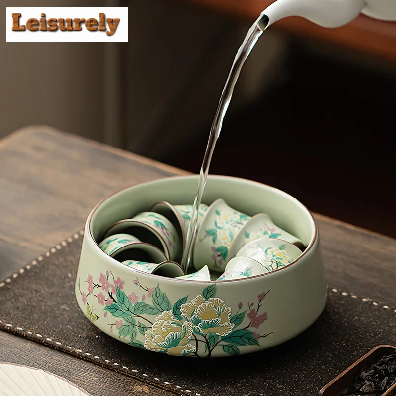 Pea Green Ru Kiln Jianshui Hibiscus Flower Washing Cup Bowl Large Capacity Tea Garbage Can Household Chaxi Cha Supplies Craft