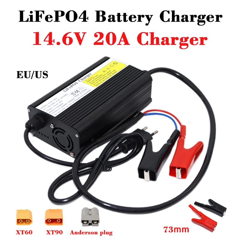 

14.6V 20A LifePO4 Smart Charger 100-240V 4S 12V 20A High Power Charger for 12.8V LifePO4 Battery with Aluminum Fan Case