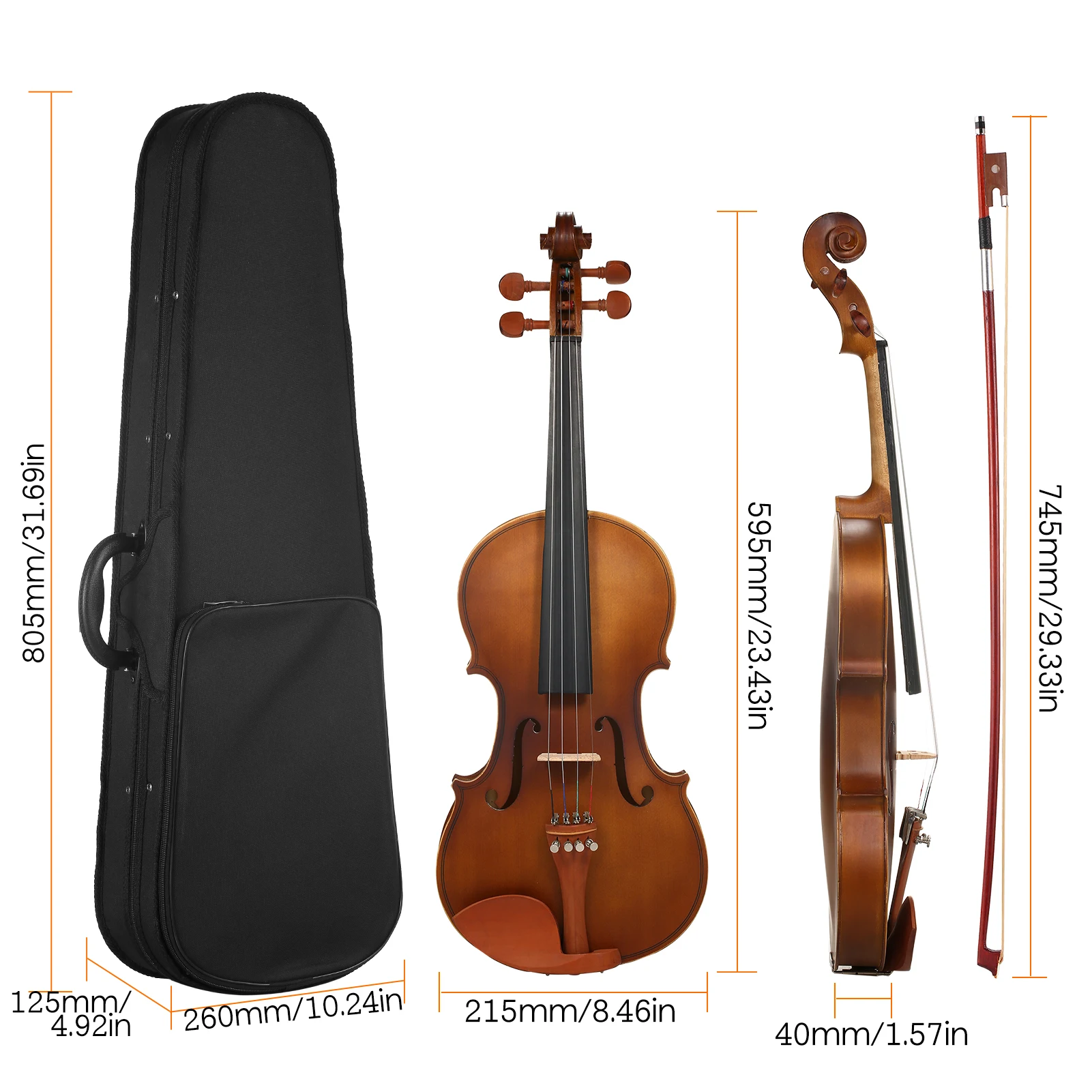 4/4 Acoustic Violin Spruce Wood Top Maple Back & Scroll & Fingerboard with Carry Case Bow Rosin for Kids Students Beginners acoustic violin violin accessories