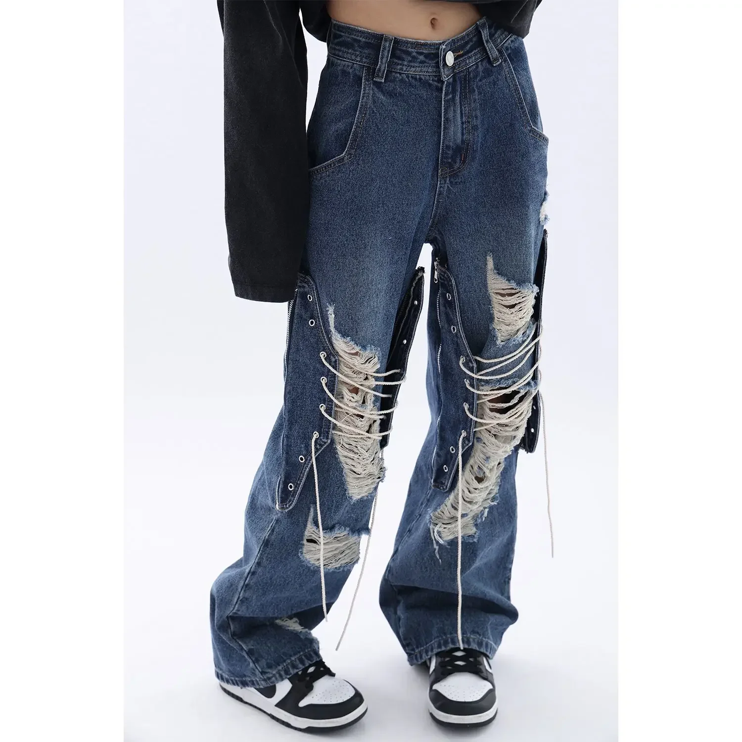 Blue design sense ripped Y2k jeans women's autumn new Pantalones de Mujer hip hop high waist straight loose show slim trousers