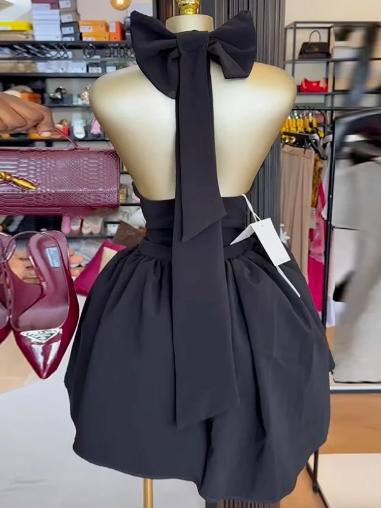 Wmstar Dresses for Women Wholesale New Summer Style V Neck Neckline Bow Backless High Waist Short Elegant Mini Dress 2025