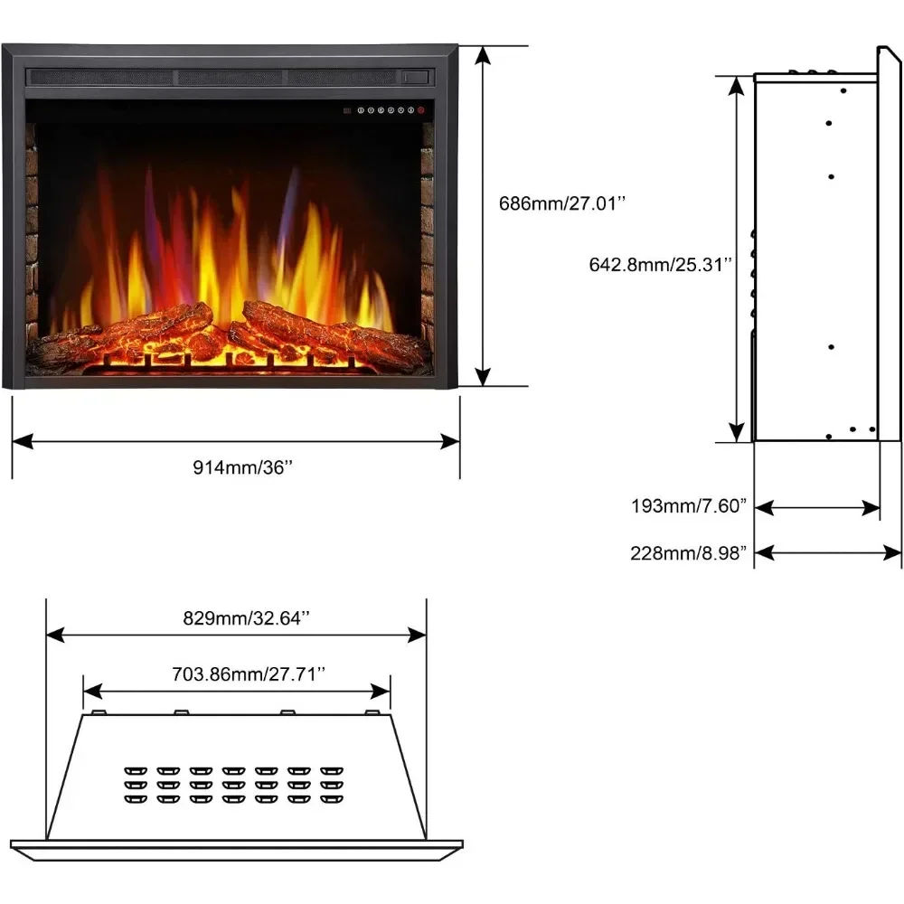 Electric Fireplace Insert, Freestanding & Recessed Electric Stove Heater, LED Adjustable Flame with Burning Fireplace Logs Touch
