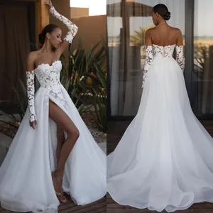 Белое цветочное кружевное свадебное платье с отстегивающимися рукавами, Тюлевое Макси-платье с высоким разрезом, платье для второго приема