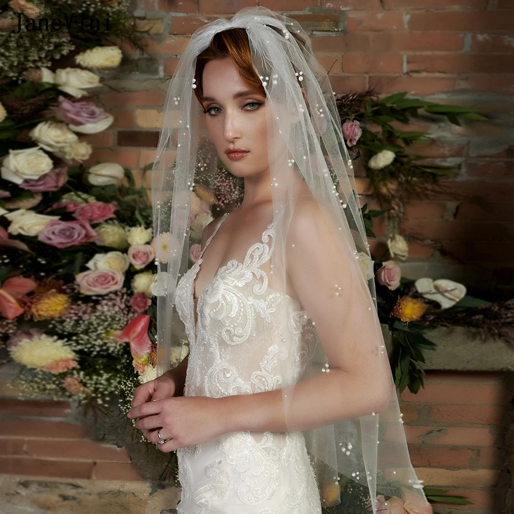 

JaneVini Vintage European Pearls Long Bridal Veils with Comb White/Ivory Soft Tulle One Layer Bride Veil for Wedding Dress Cheap