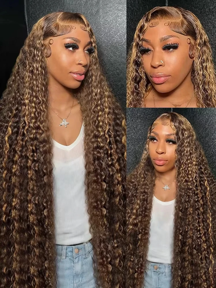4/27 Highlight Ombre Deep Wave HD Lace Front Wigs Water Curly 30 40 Inch Brown 13x6 Color Lace Frontal Human Hair Wig Brazilian