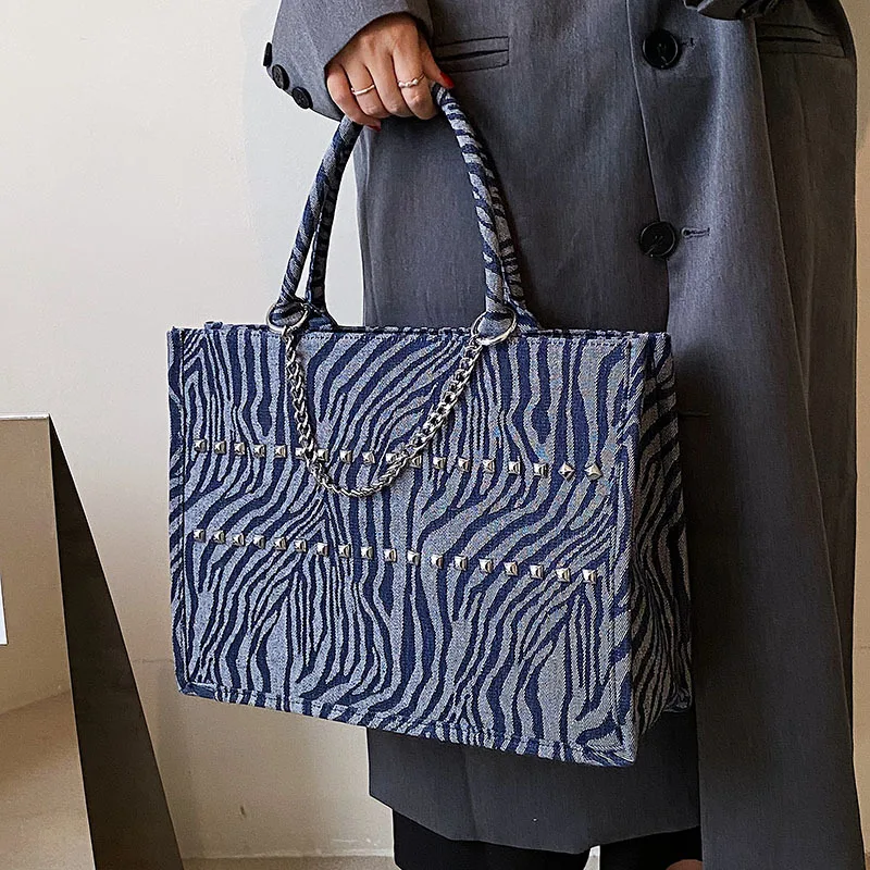 

2023 New Fashion High-Capacity Blue Striped Denim Handbags Tote Bag For Womens