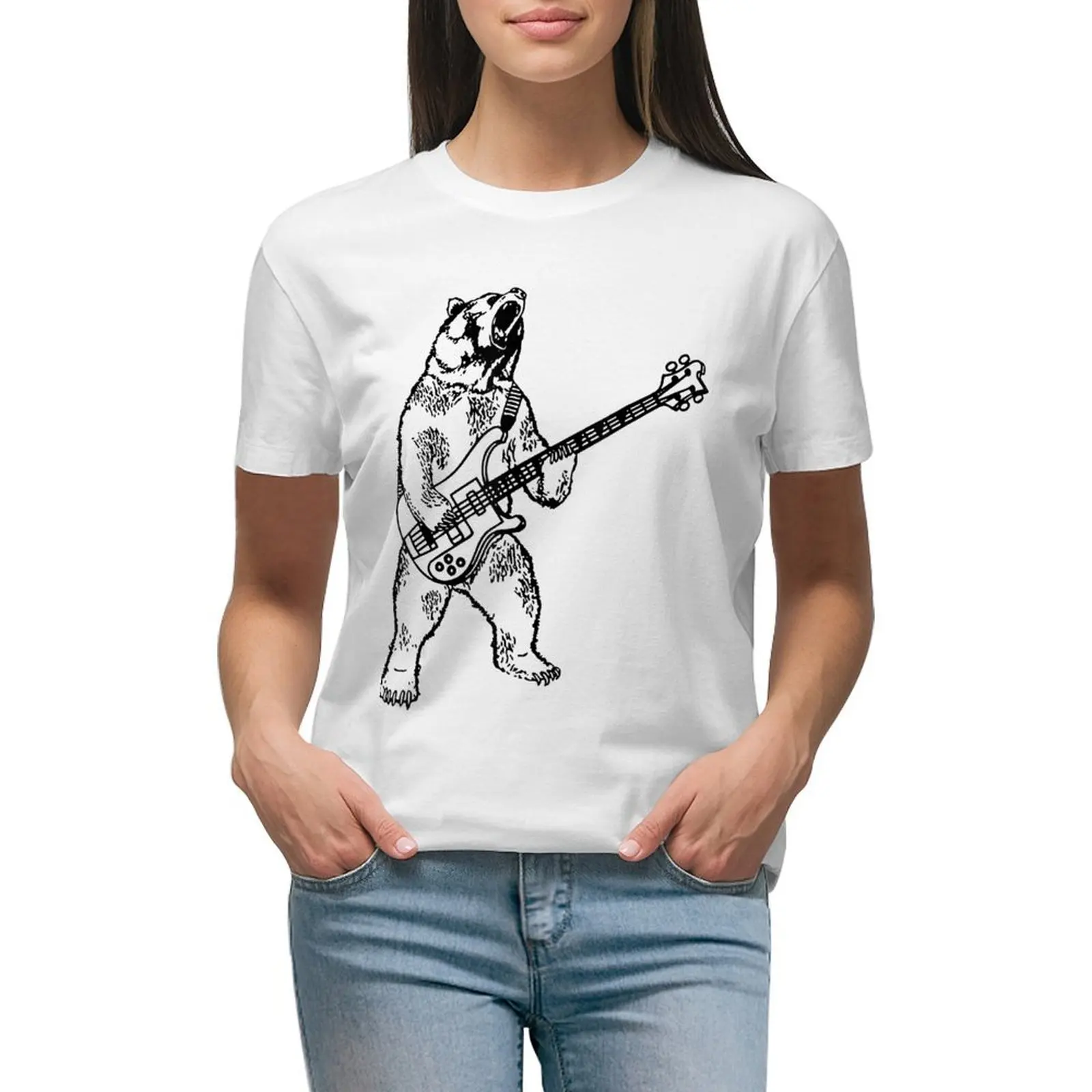 

BASS GUITAR Bear Playing Bass T-shirt tops Short sleeve tee animal print shirt for girls designer clothes Women luxury