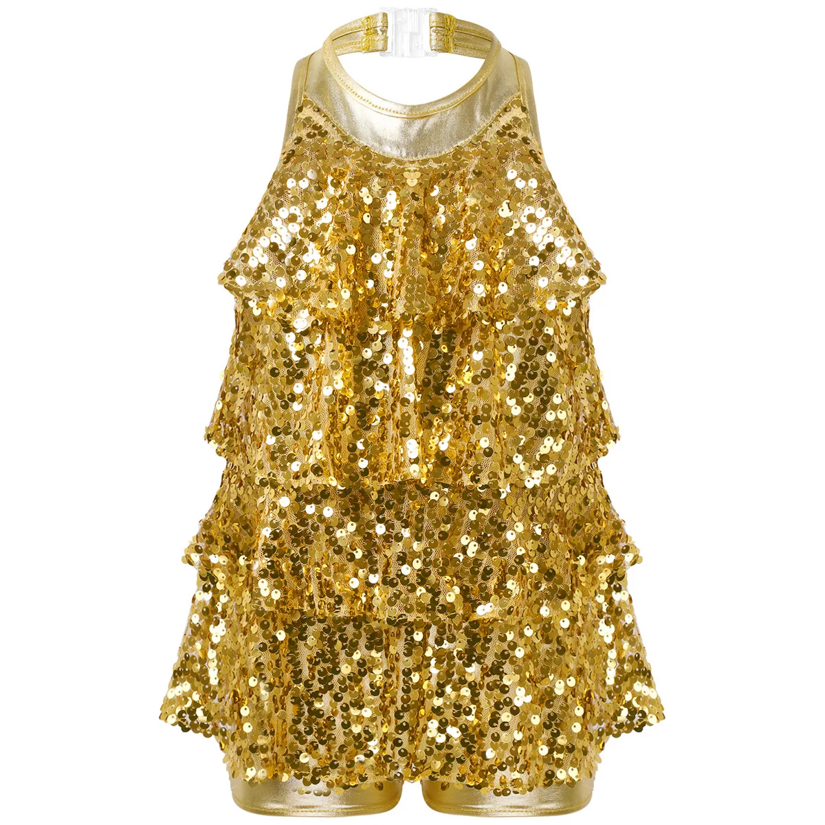 thumbnail image 1 of Niños Niñas Halter lentejuelas brillantes Ballet danza Shorty Unitard vestido con borlas moderno Jazz Latino baile de hip hop trajes de actuación, 1 of 5