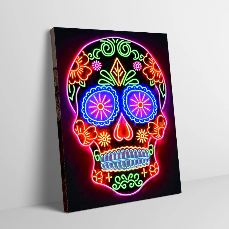 NeonWallArtDayofTheDeadSkullCanvasPaintingPrintColorful