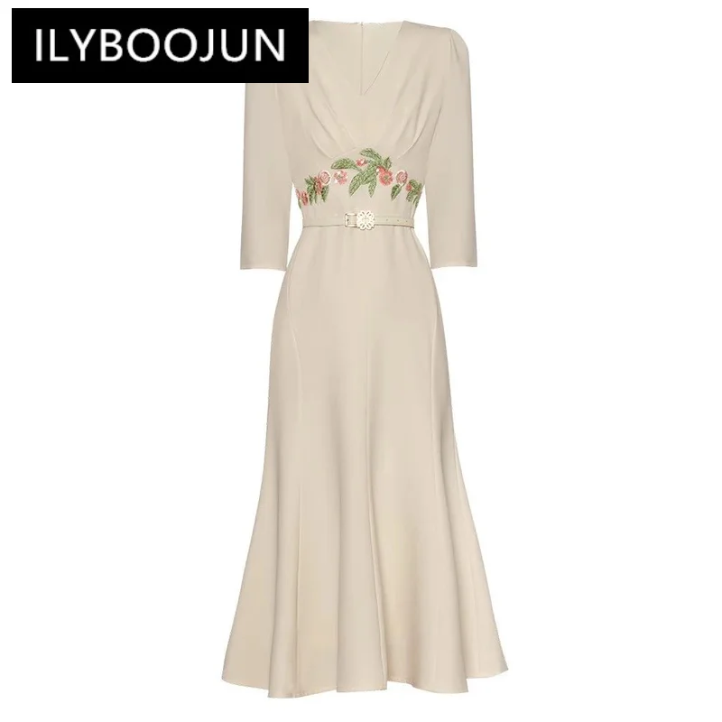 

ILYBOOJUN Fashion Designer Spring Dress Women V-Neck Three-Quarter Sleeve Beading Embroidery Sashes Elegant Party Dresses