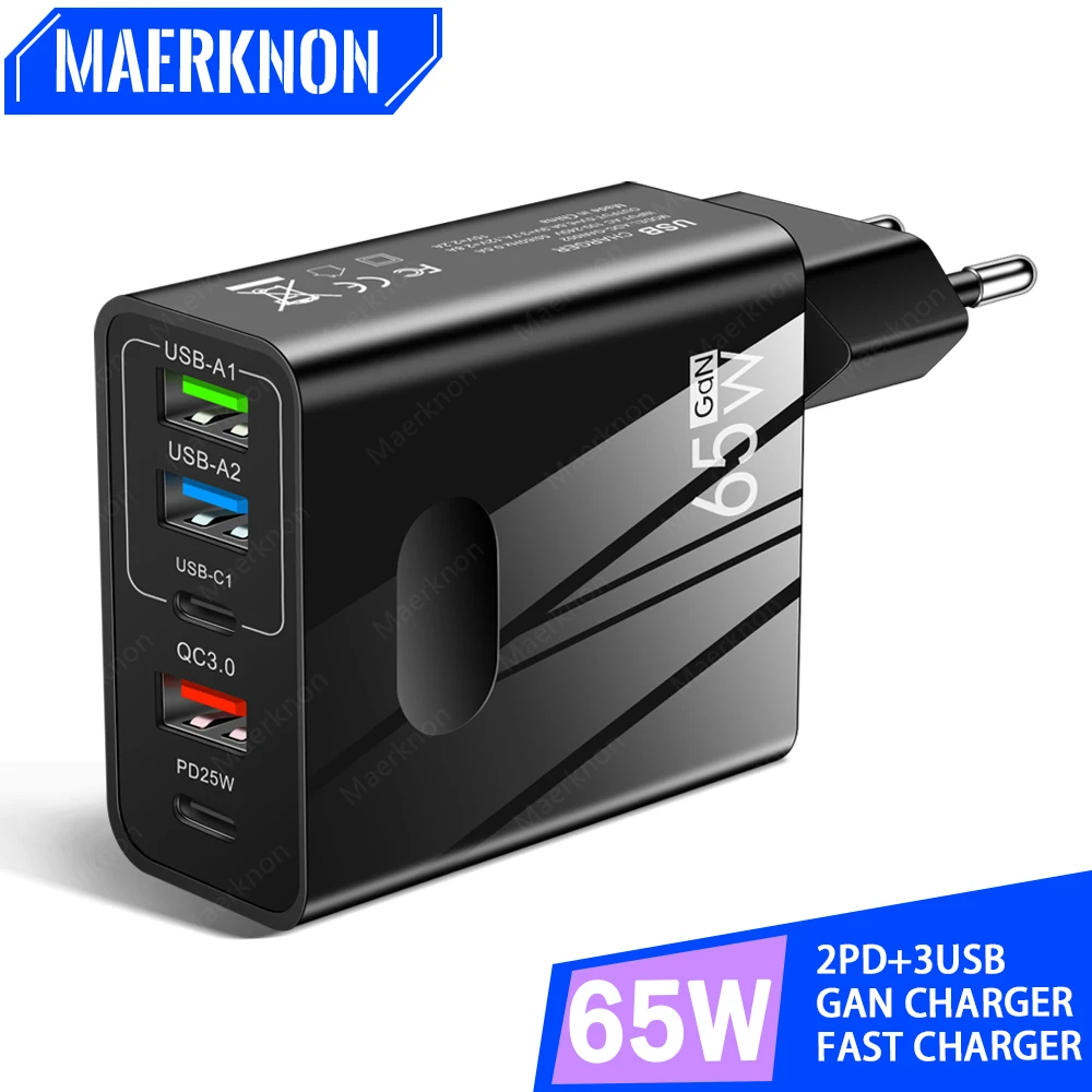 

USB C Charger 65W GaN Fast Charging Type C Charger Phone Power Adapter For iPhone Xiaomi Samsung Huawei 5 Ports USB Wall Charger