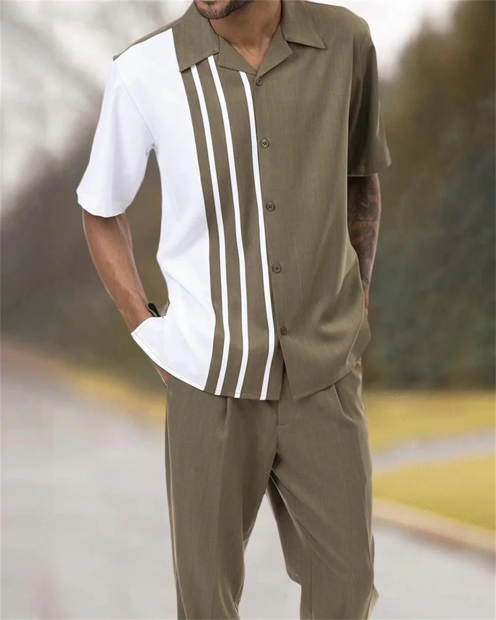 Summer New Hawaii 3D Digital Print Two Color Stripe Walking Suit Men's Short sleeved+Suit Long Pants Casual Suit Shirt and Pants