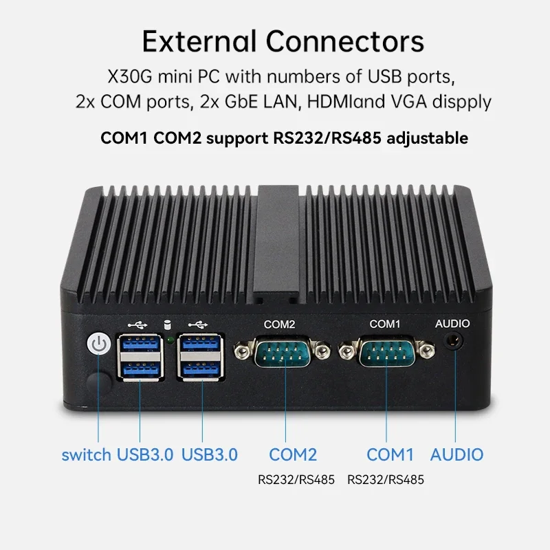 인텔 셀러론 팬리스 산업용 IoT 미니 PC, J6412 J4125 J1900 2x COM RS232 RS485 2x 기가비트 이더넷 지지대, WiFi 3G 4G SIM