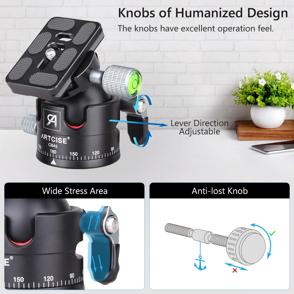 ARTCISE CB45 Low Profile Double U-Notch Ballhead 360&deg;Panoramic Professinal CNC Alloy Metal for Shooting DSLR Tripod Monopod