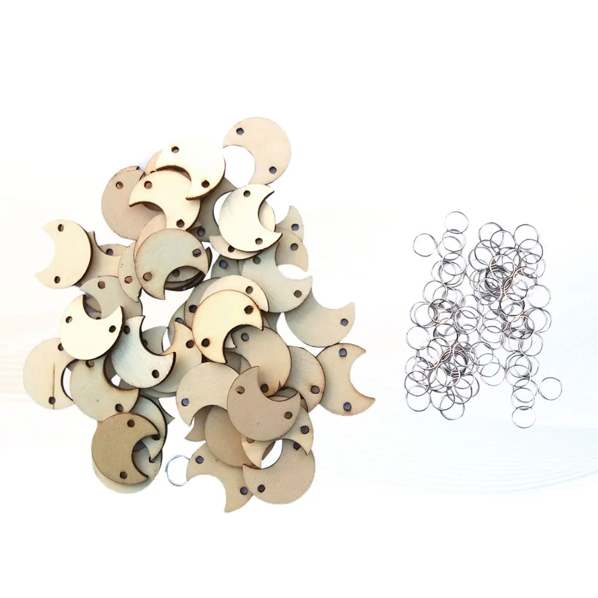 100Pcs 나무 달 모양 조각과 금속 와이어 링 키트 DIY 사진 소품 생일 축제 크리스마스 웨딩 장식 공예