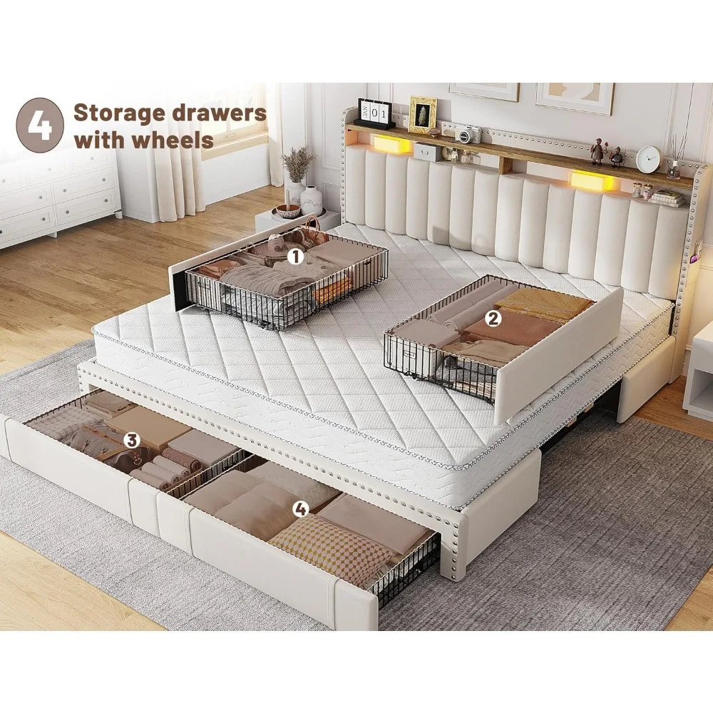 Bed Frame with 4 Storage Drawers, Upholstered Bed Frame and headboard with 2-Tier Shelves,Mattress Foundation with Wooden 4