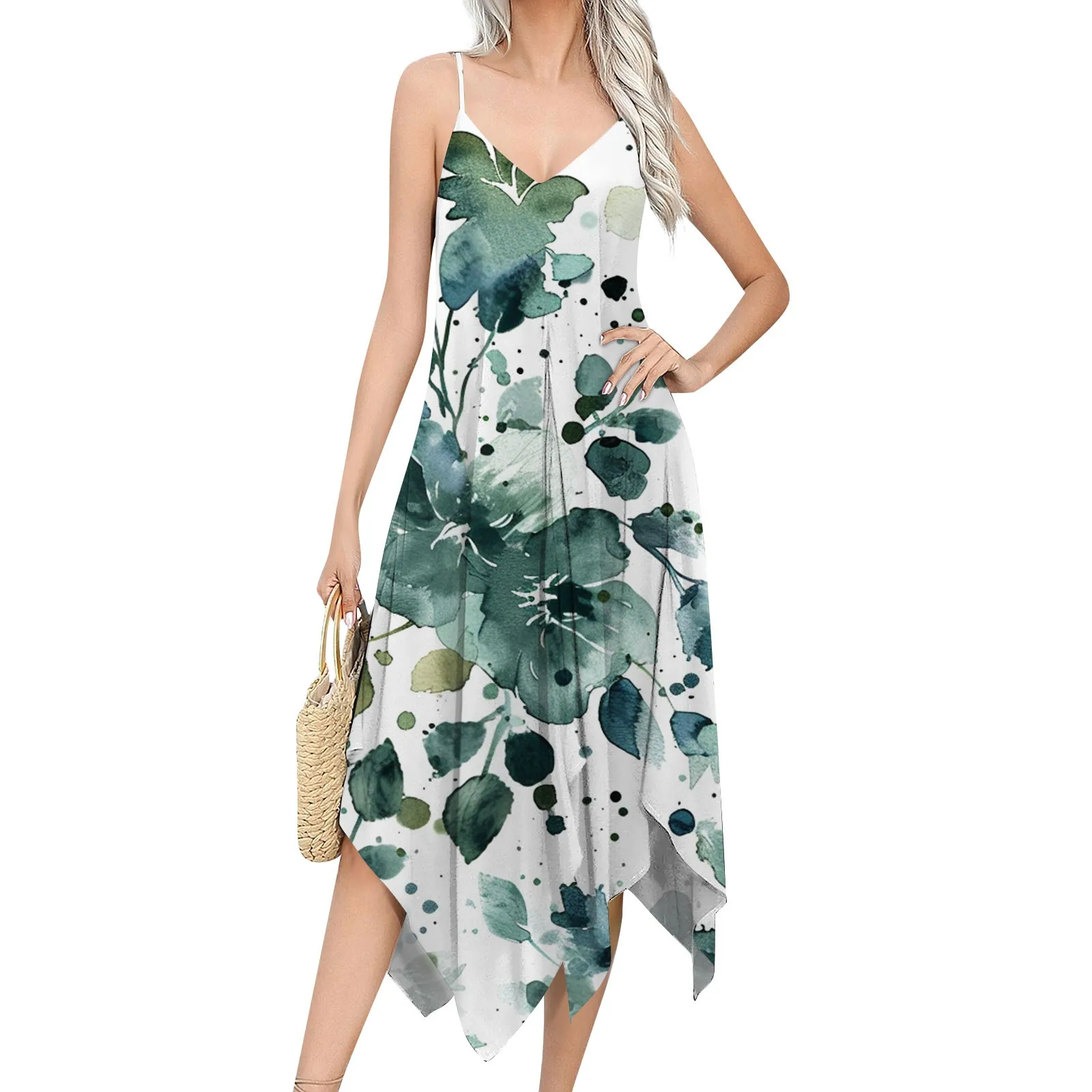 

Women's 2024 Summer Dress Casual Floral Print Sleeveless Vestidos V-neck Flowy Irregular Hem Beach Elegant Sundresses