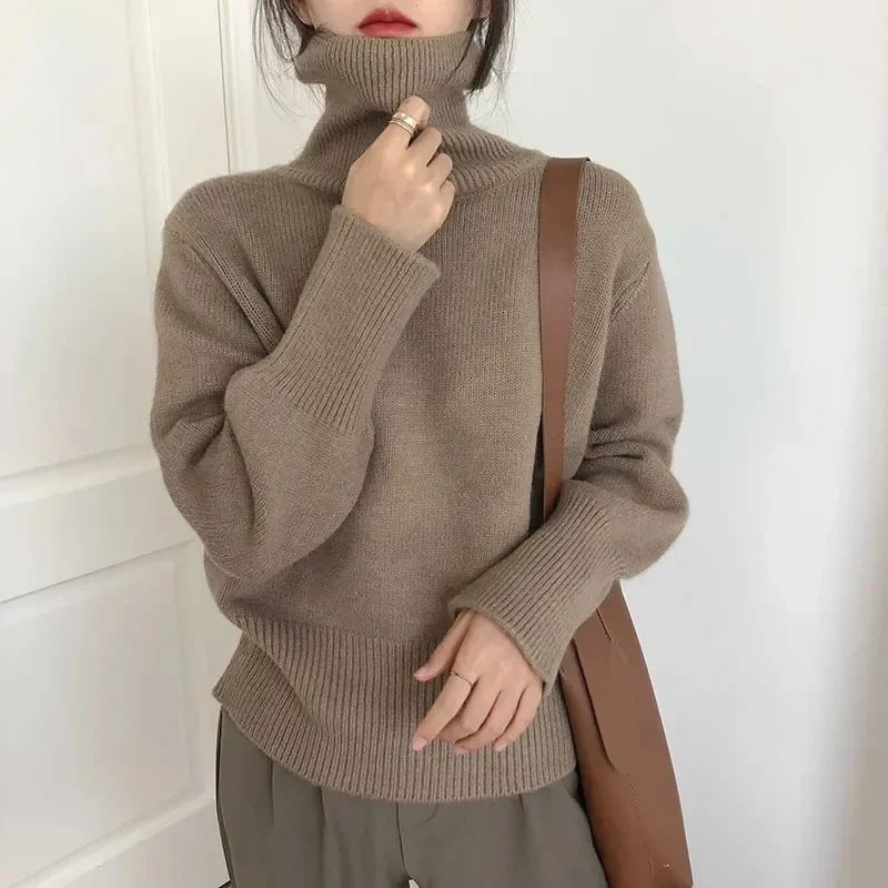 

Autumn Warm Turtle Neck Sweater Women Fashion Korean Solid Knitted Basic Pullovers Loose O Neck Long Sleeve Female Jumper