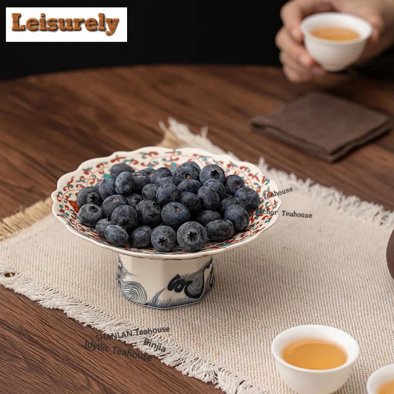 Ru Kiln Doucai Fruit Dishes Vintage Pastry Plate Dessert Candy Dish Household Sharing Plate Chinese Tea Set Supplies Ornaments