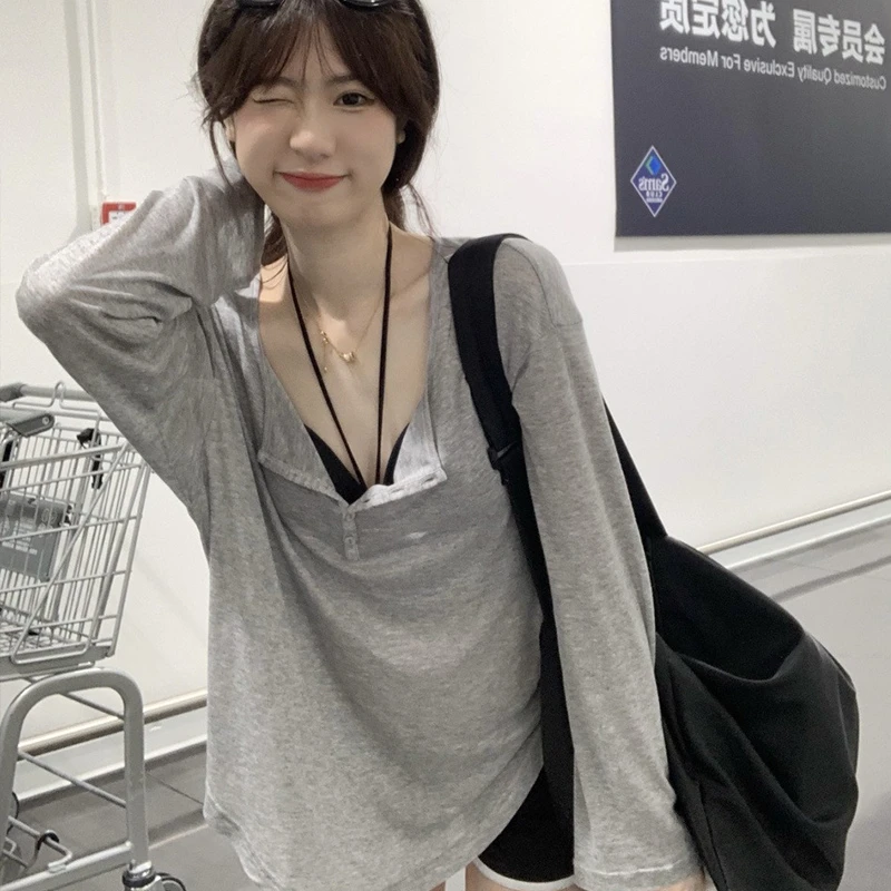 T 셔츠 여성 슬래시 넥 긴 소매 탑 솔리드 스트레치 여성 여름 섹시한 클럽 Tshirt 한국 느슨한 티셔츠 streetwear 의류