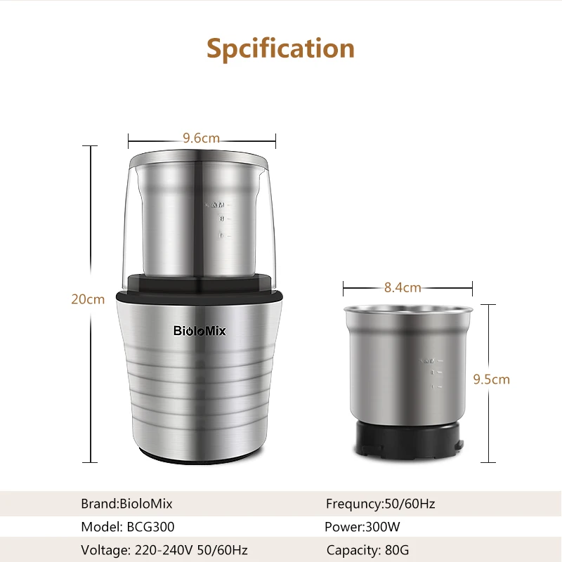 BioloMix Wet and Dry Double Cups for BCG300 Electric Spices and Coffee Bean Grinder