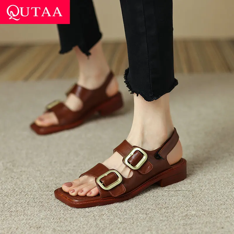 

QUTAA 2022 Slingback Sandals Genuine Leather Fashion Female Pumps Summer Buckle Square Low Heel Women Shoes Size 34-43