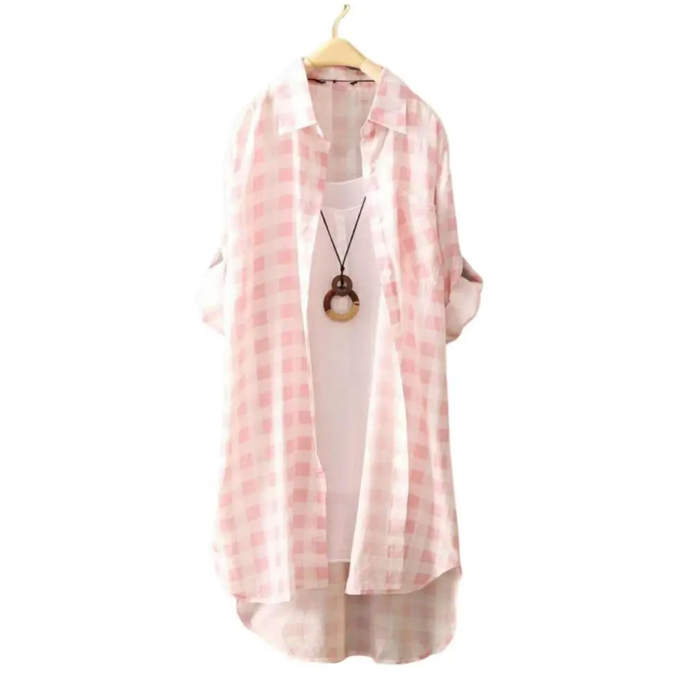 

Women Shirt Coat Lapel Roll-up Long Sleeve Shirt Coat Patch Pocket High-Low Hem Plaid Print Sun Protection Shirt