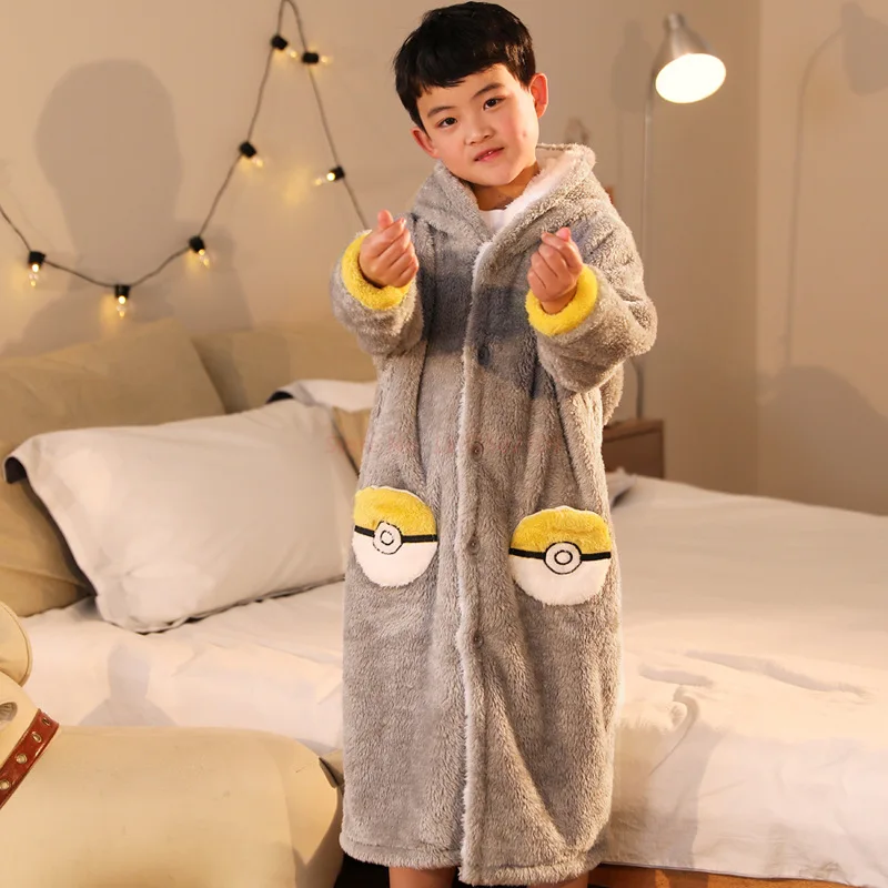 Pokemon Pikachu Nightgown Autumn Winter Thickened Coral Velvet Pajamas Children's Cartoon Suit Middle And Big Flannel Bathrobe