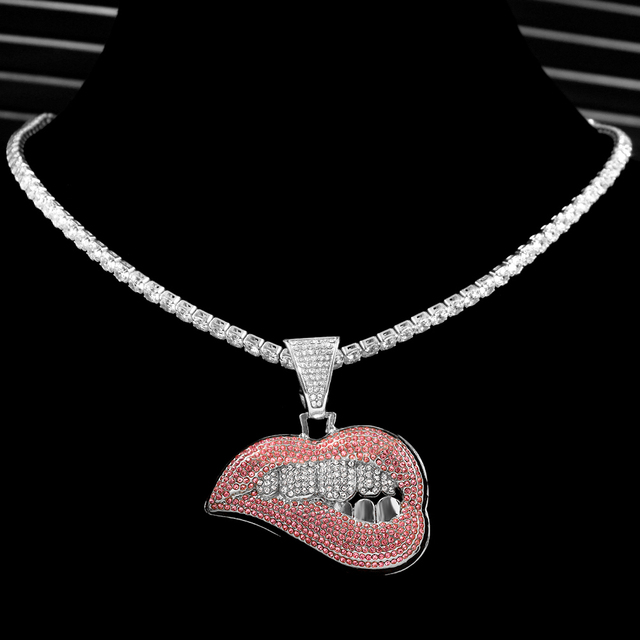 Hop Bite Lip Shape Full Rhinestones Cuban Chain Necklace for Men Women Iced Out Zircon Tennis Chain Necklace Punk Jewelry