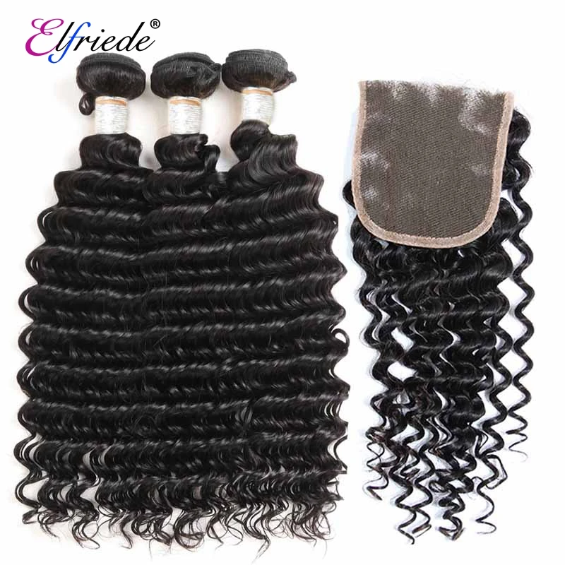 

Elfriede Natural Black Deep Wave Bundles with Closure Brazilian Human Hair Weaves 3 Bundles with 4X4 Transparent Lace Closure